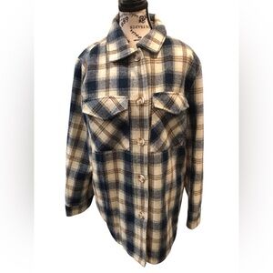 Ellison Womens Large Outdoor Blue, White, Tan Plaid Wool Blend Shacket Jacket
